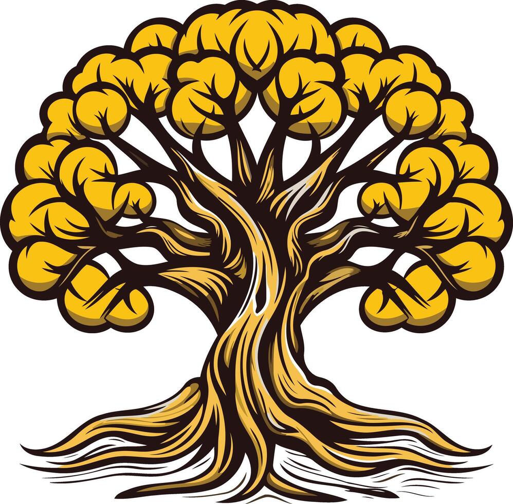A strong, stylized tree illustration in yellow and brown, ideal for nature-inspired logos, branding, and environmental design vector