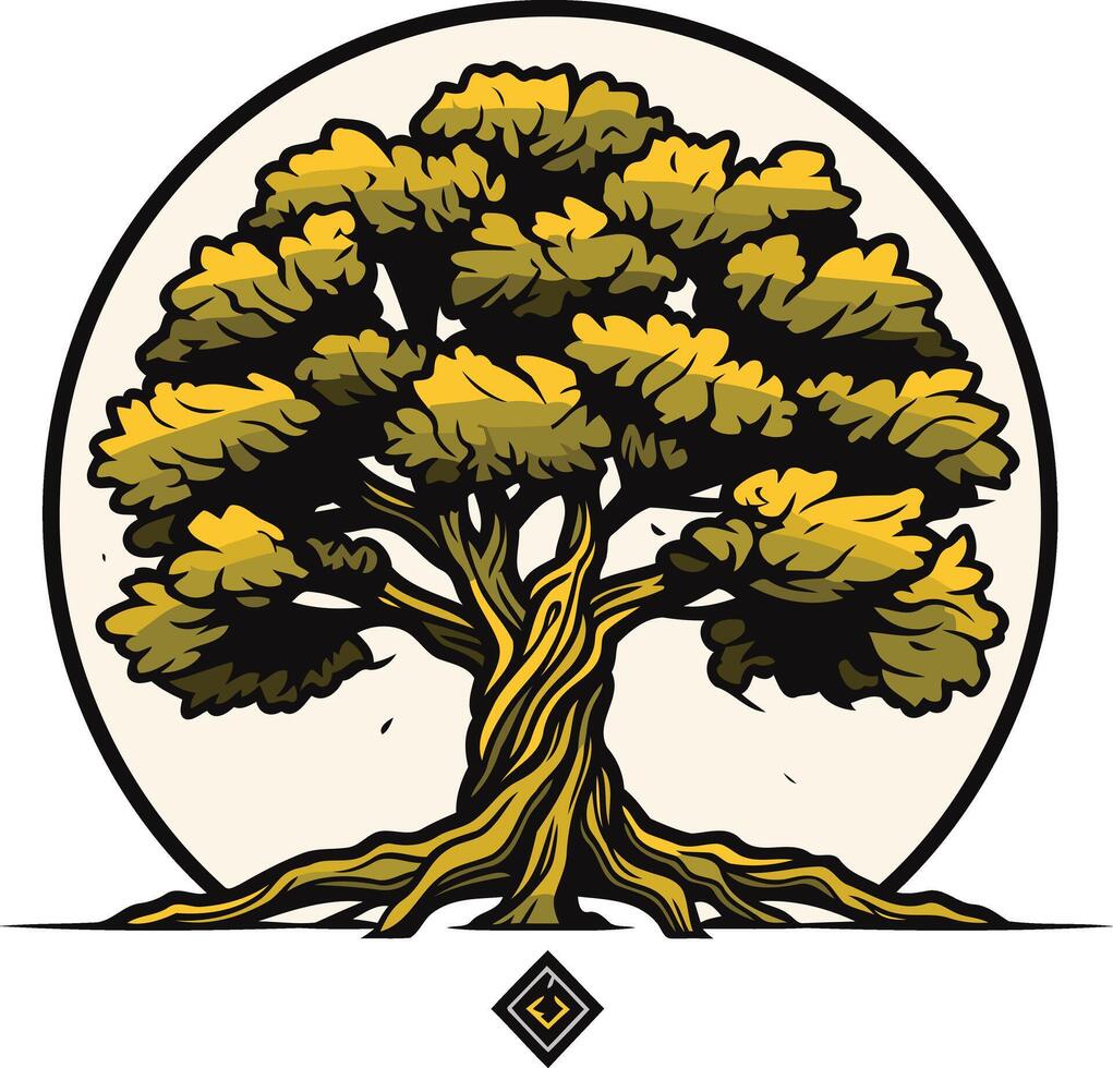 A strong, stylized tree with intricate roots and a full canopy, framed by a circular sunburst vector