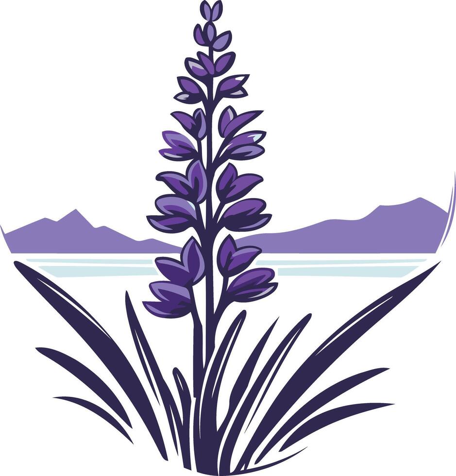 A stylized illustration of a flax flower with a mountain and lake background, perfect for branding, nature-themed designs, and travel brochures vector