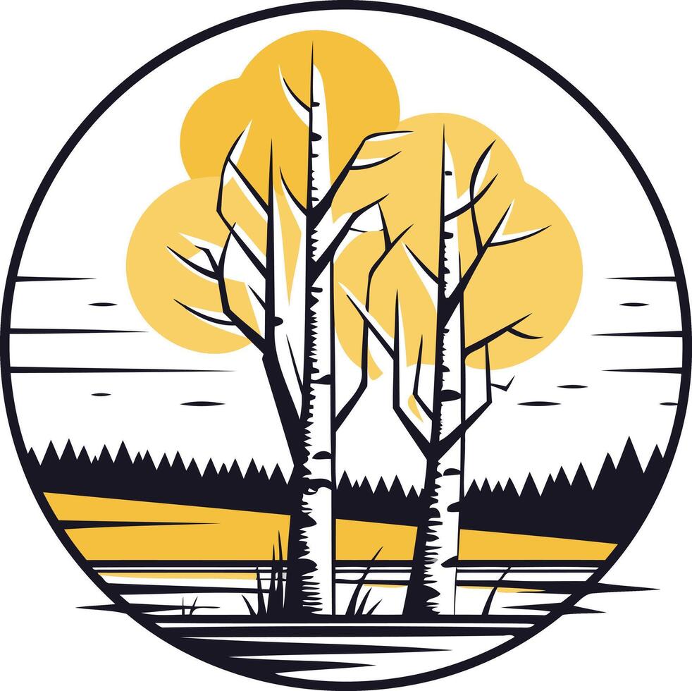 A minimalist illustration of two birch trees, stylized in a circular frame, evokes a sense of peace and serenity vector