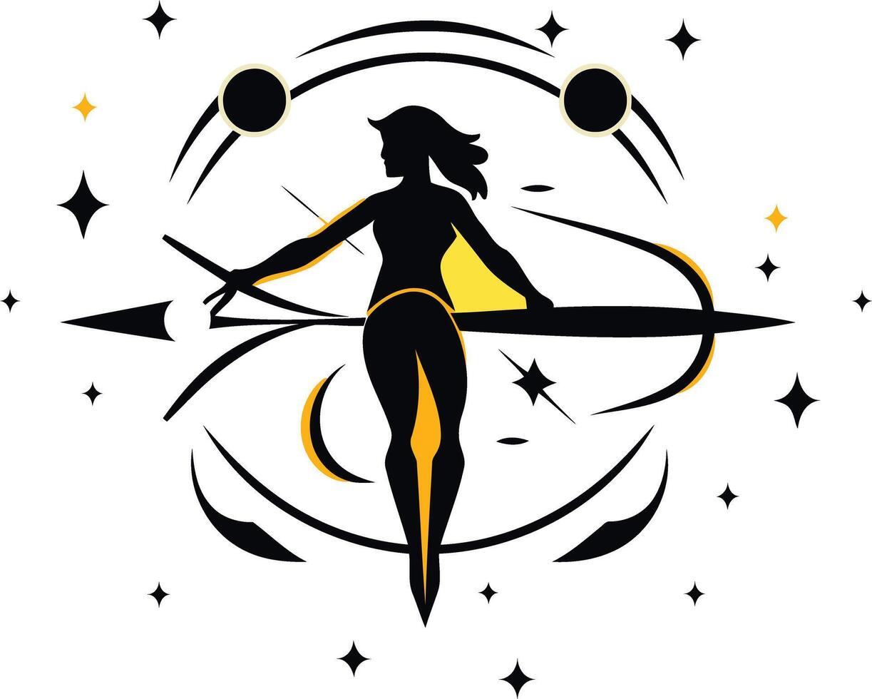 Powerful silhouette of a woman holding a bow and arrow, surrounded by celestial bodies and stars vector