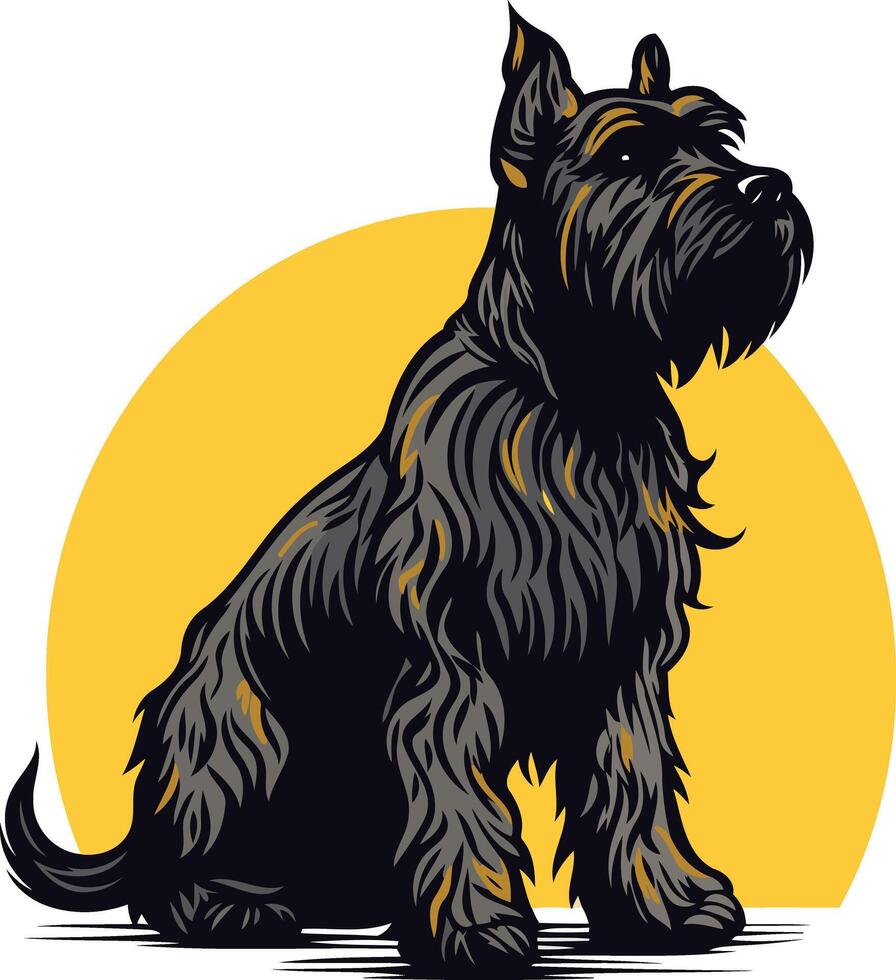 A black and white silhouette of a miniature schnauzer sits against a yellow circle, creating a bold and graphic illustration perfect for pet-related designs vector
