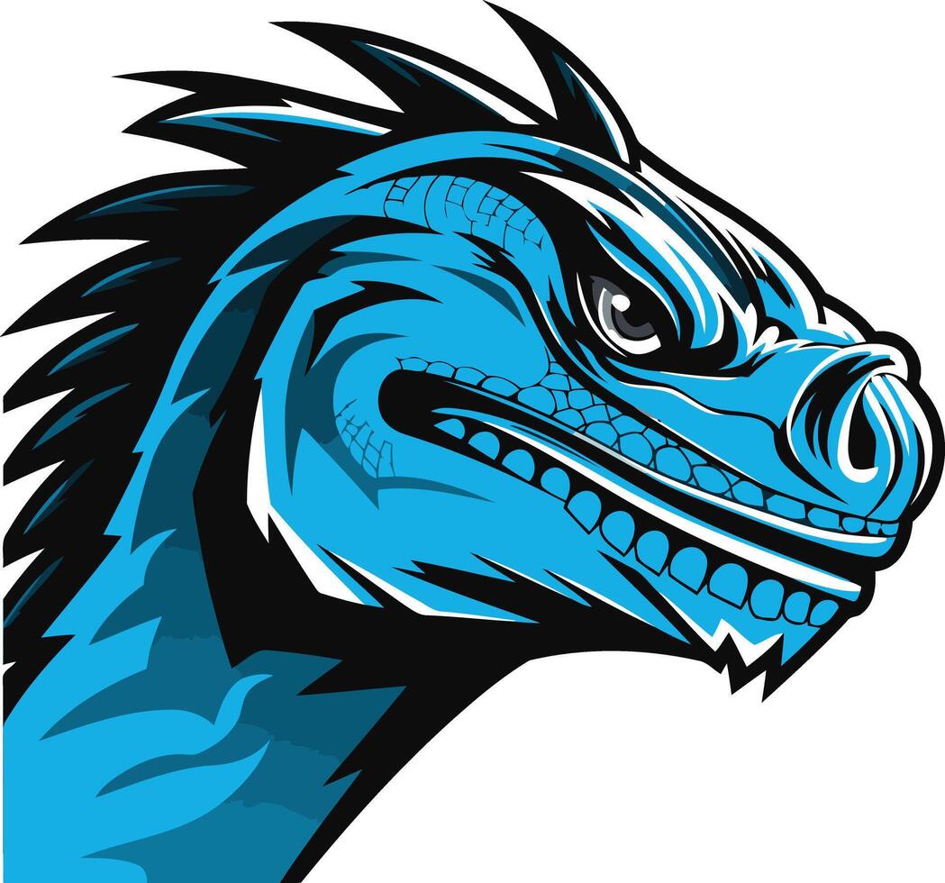 A fierce, blue dinosaur head with sharp teeth and a powerful presence vector