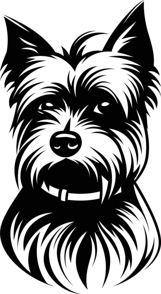 A striking black and white illustration of a yorkshire terrier, captured in a bold and expressive pose vector