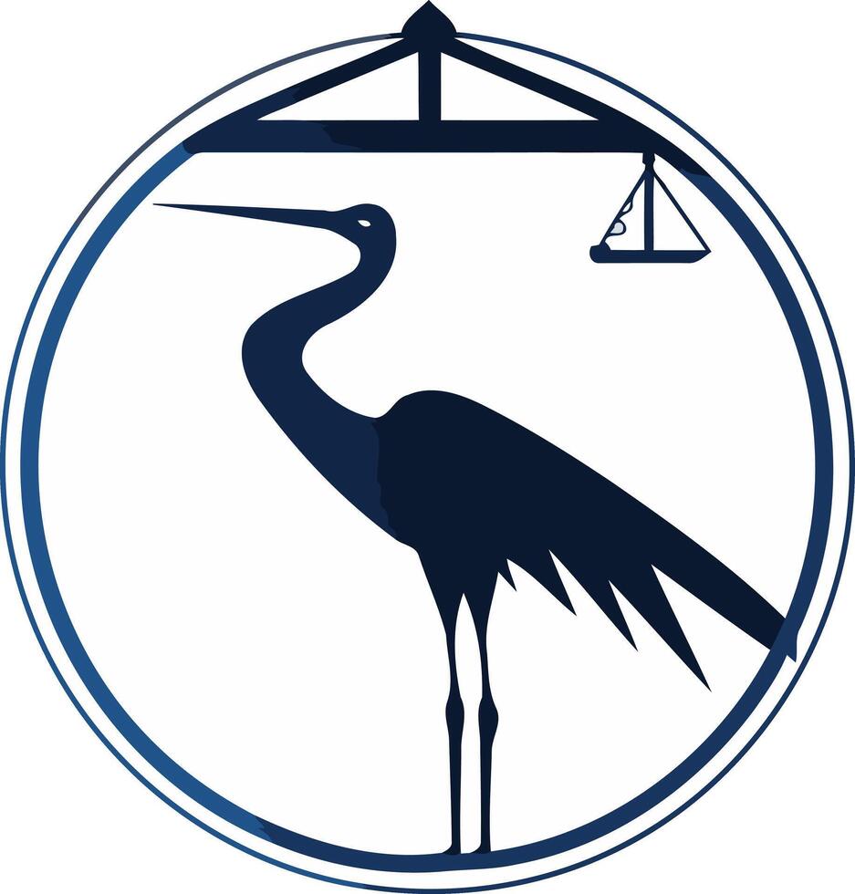 A sophisticated logo featuring a heron silhouette balanced on a scale with a sailboat vector
