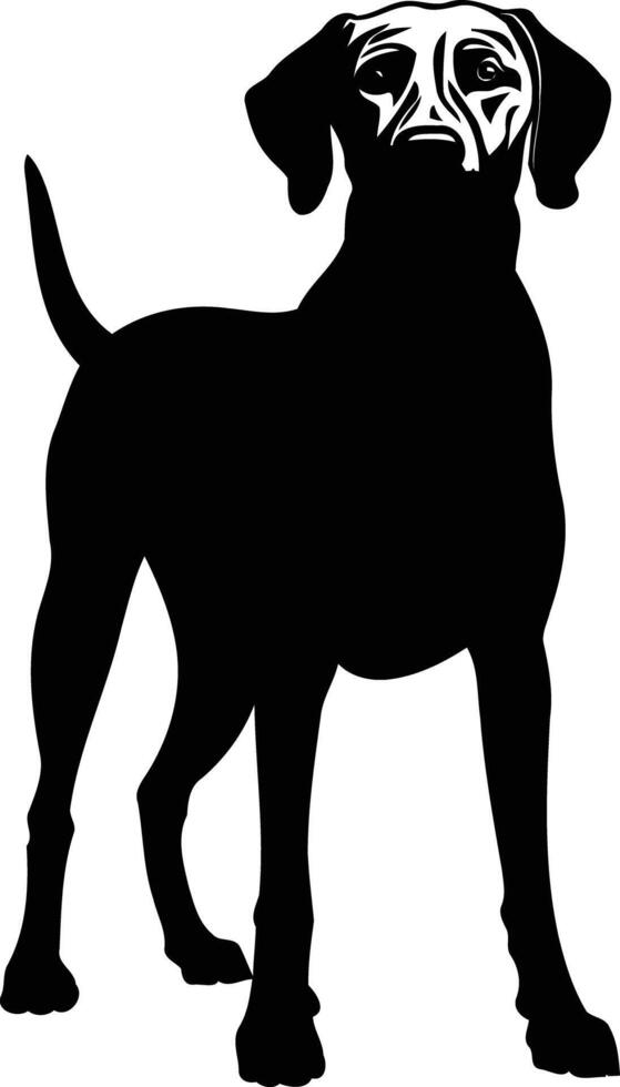 A striking black silhouette of a german shorthaired pointer standing against a white background vector