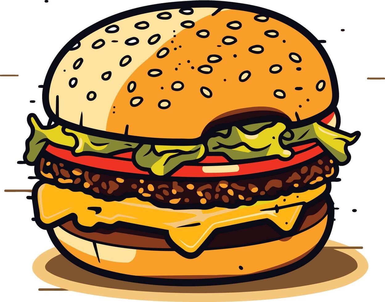 A mouthwatering cartoon burger with cheese, lettuce, and tomato, perfect for restaurant menus, food blogs, or social media posts vector