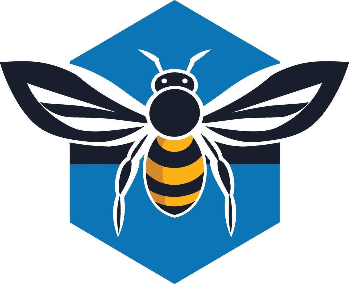 A modern, abstract bee logo design in a blue hexagon, perfect for a business seeking to represent hard work, community, and collaboration vector