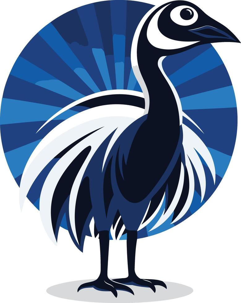 A stylized blue and white cassowary bird logo with a sunburst design in the background, perfect for businesses, brands, or organizations seeking a unique and eye catching emblem vector