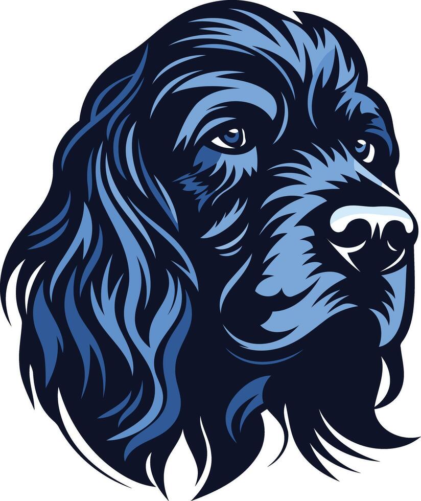 A striking illustration of a cocker spaniel's head, rendered in a bold blue and black color scheme vector