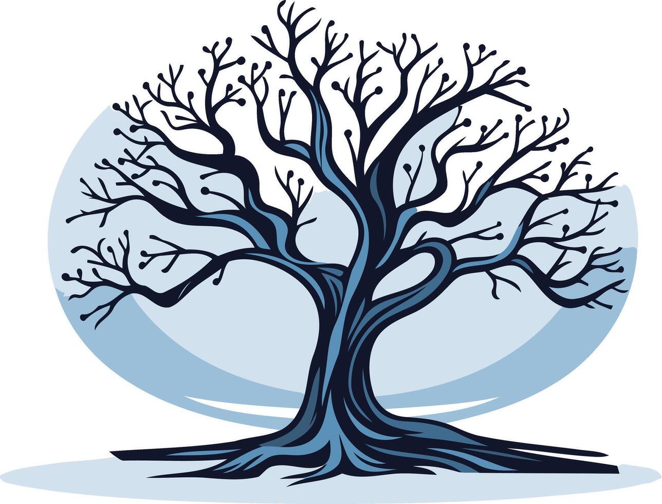 A stylized, minimalist illustration of a bare tree with intricate branches and roots against a simple blue background vector