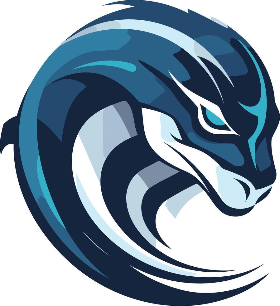 A bold, stylized dragon head logo in blue and white, perfect for gaming, esports, and tech companies seeking a powerful and dynamic brand identity vector
