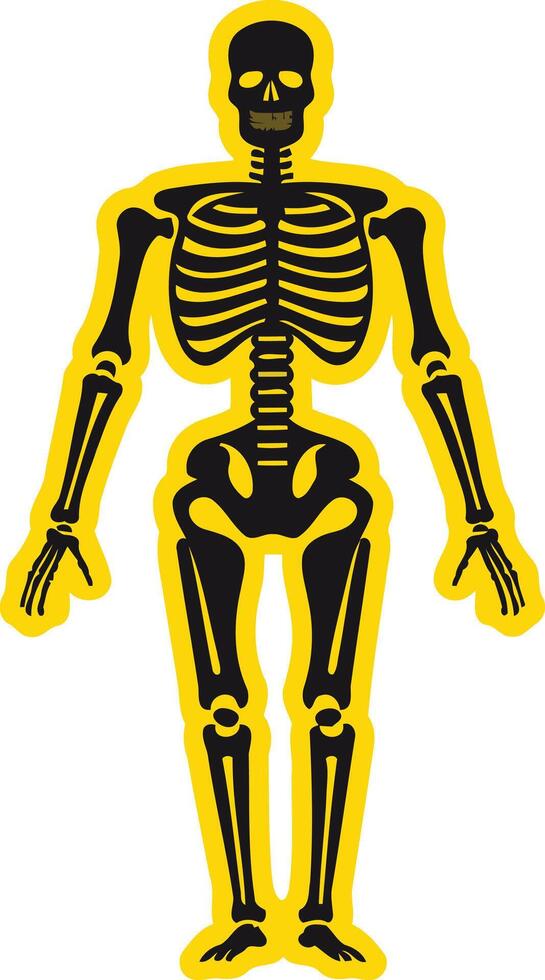 Simple black silhouette of a human skeleton, isolated on a bright yellow background vector