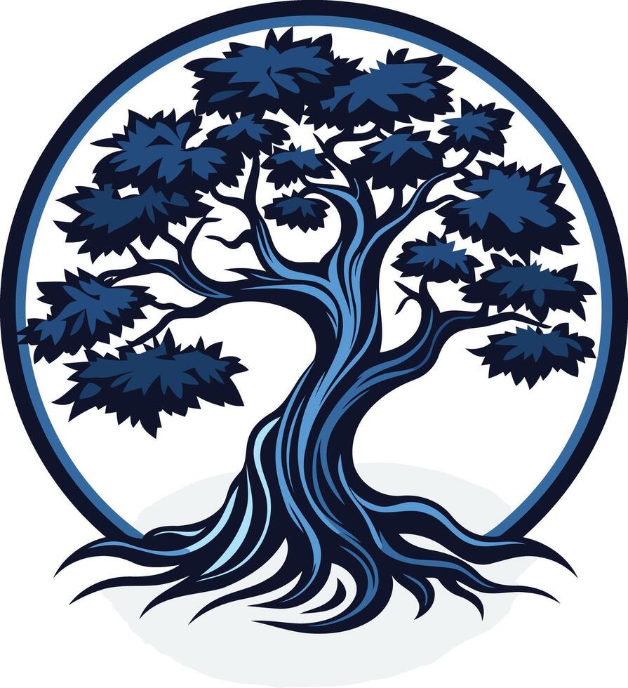 A stylized tree logo with intricate roots and branches, symbolizing growth, strength, and resilience vector