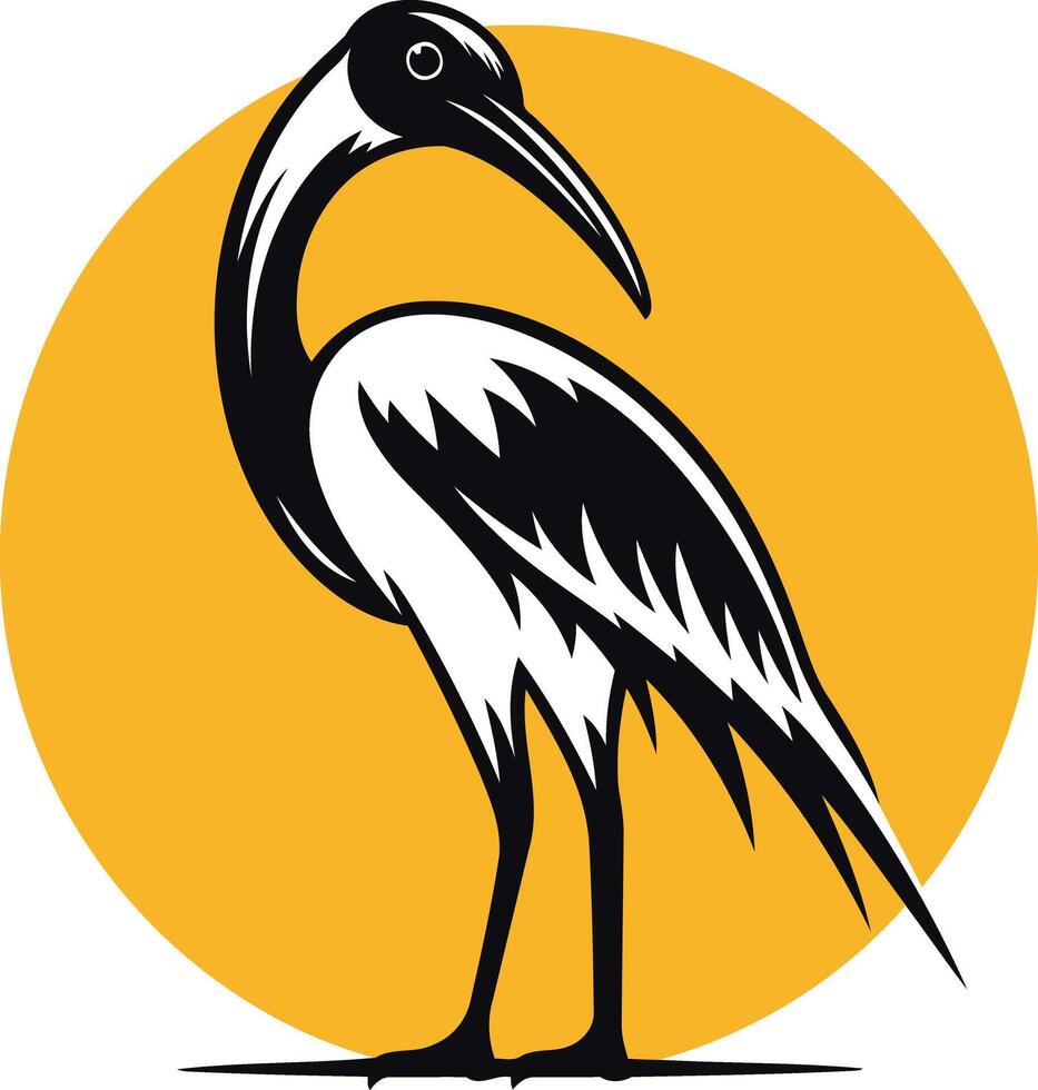 A striking black and white illustration of an ibis bird standing on a yellow circle vector