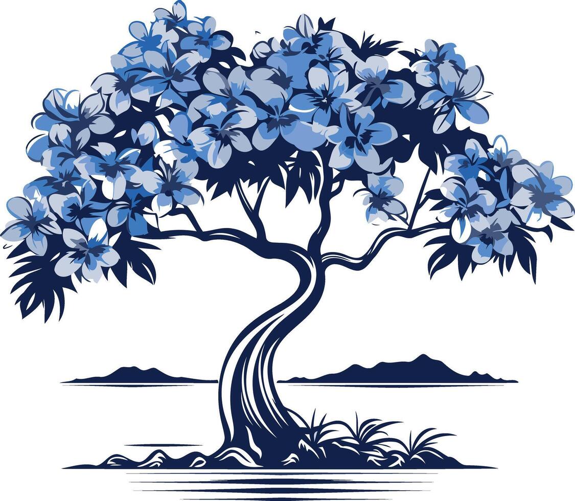 A beautiful watercolor illustration of a blossoming tree with blue flowers vector