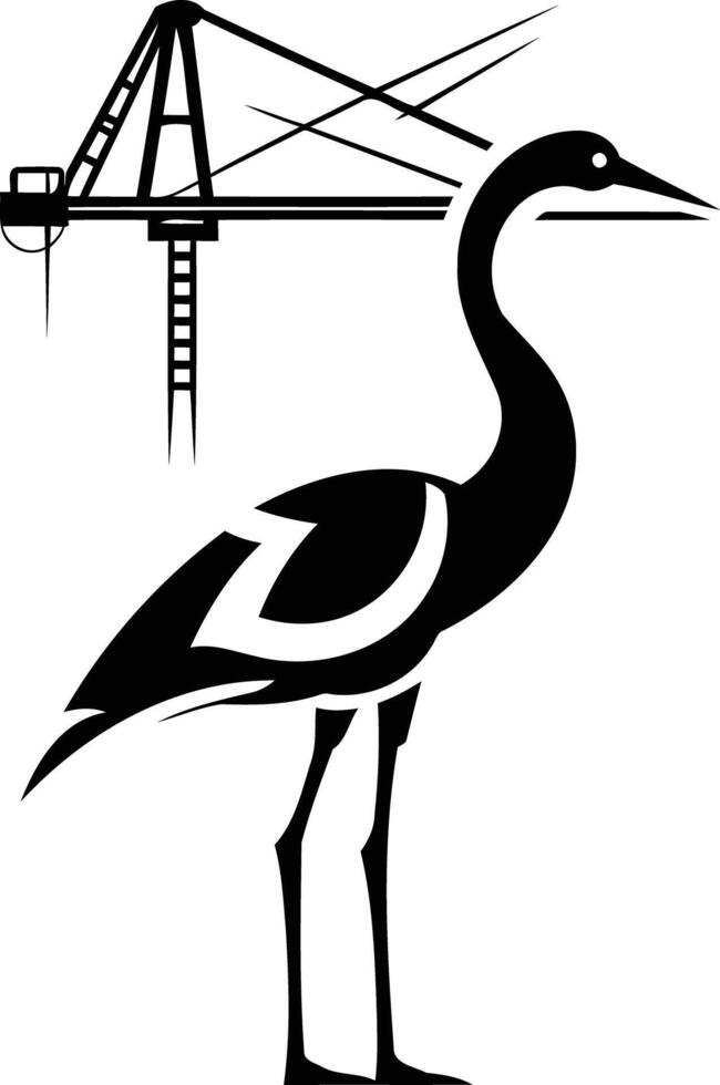 A stylized black silhouette of a crane with a crane construction machine in the background vector