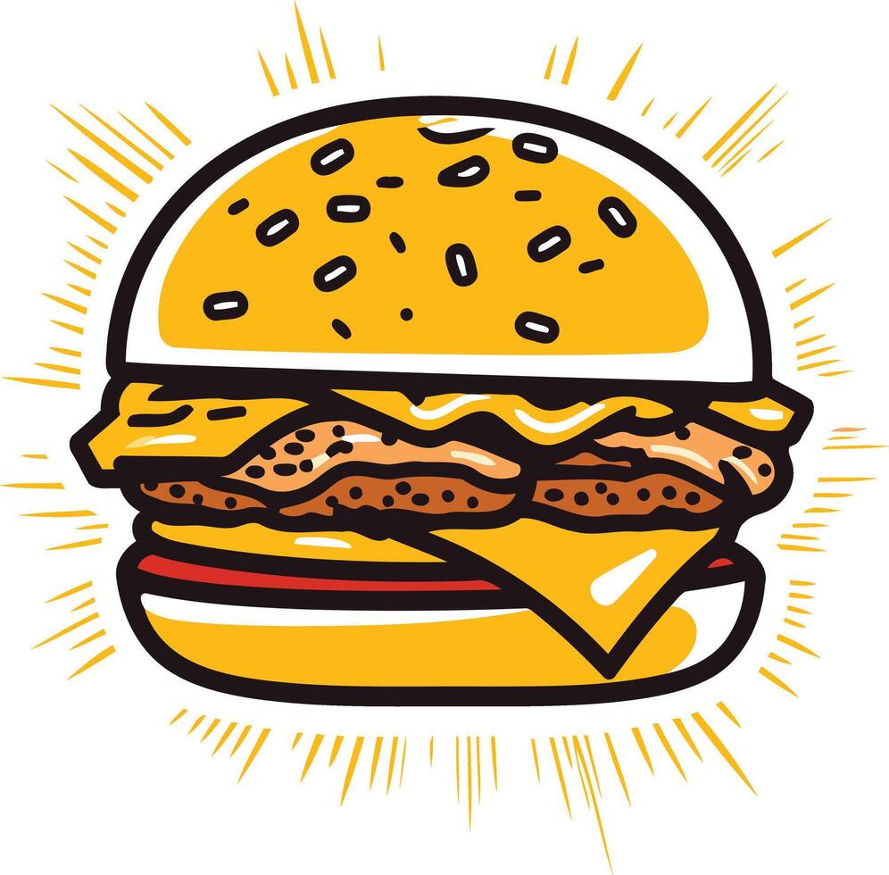 A cartoon style illustration of a juicy hamburger with cheese, lettuce, and tomato, with a bright yellow background vector