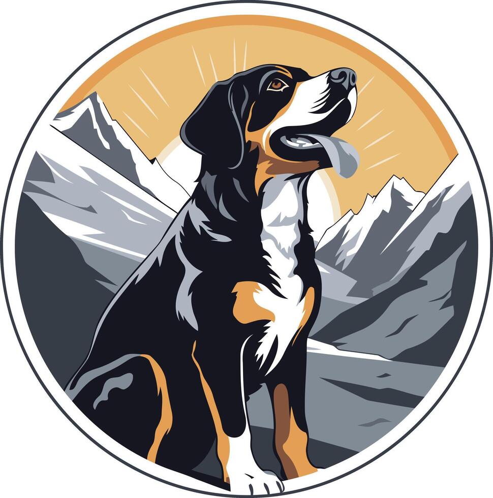 A majestic bernese mountain dog sits against a backdrop of snow-capped mountains, perfect for branding or design projects related to dogs, nature, and outdoor adventures vector