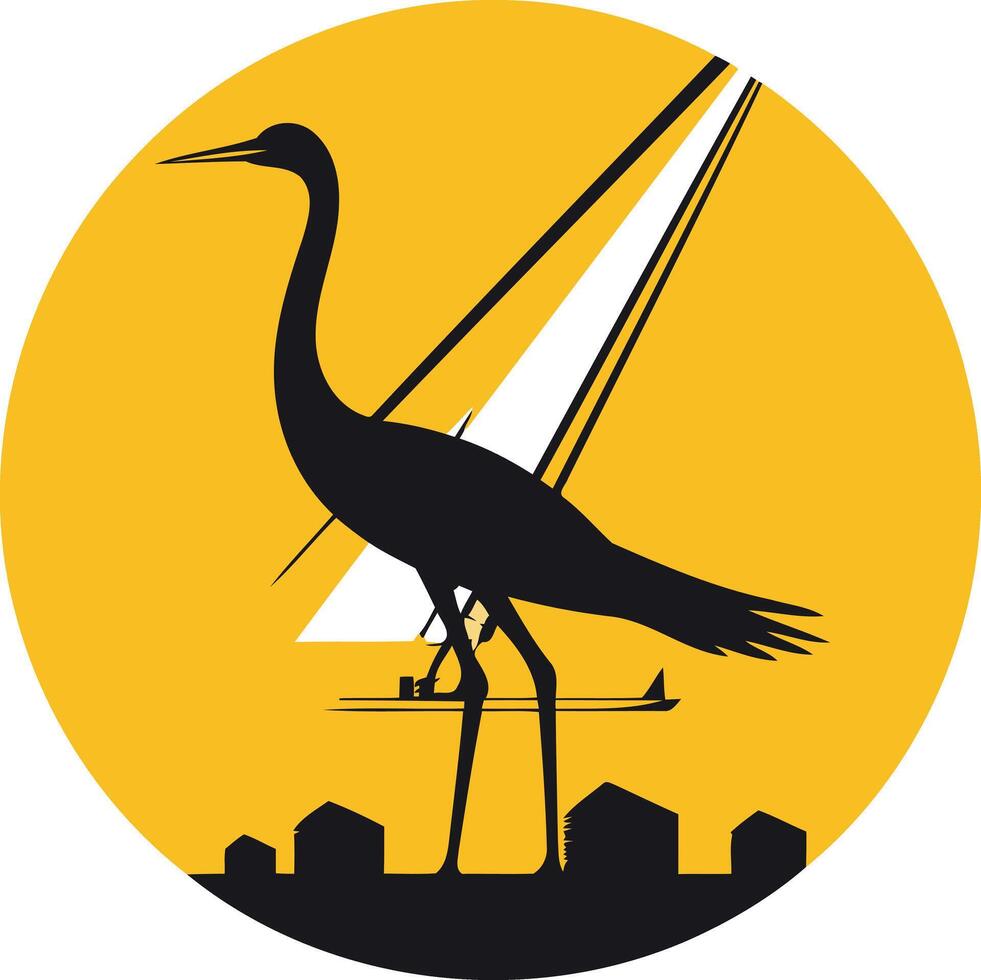 A striking silhouette of a crane standing atop a city skyline, with stylized sailboats and sun rays in the background vector