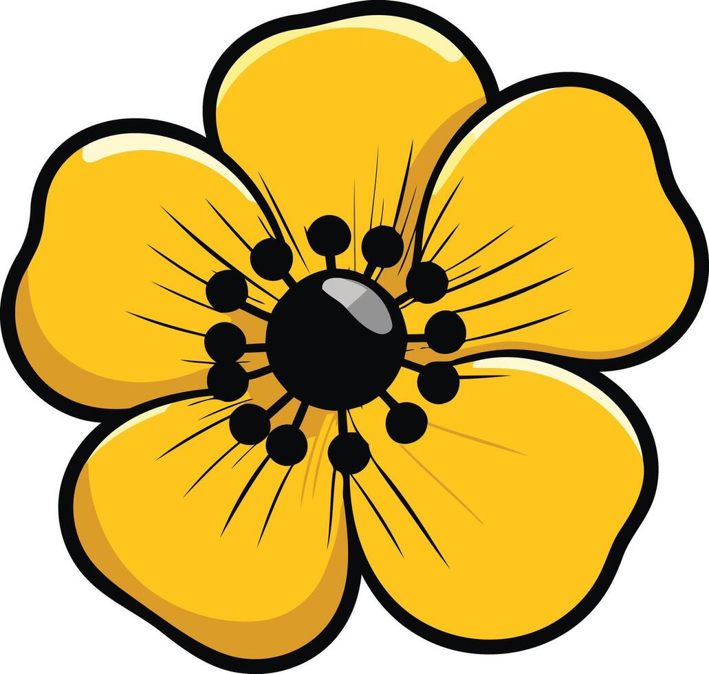 A simple and cheerful cartoon illustration of a yellow flower with a black center vector