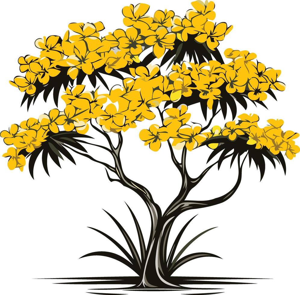 A stylized, hand-drawn tree with vibrant yellow blossoms vector