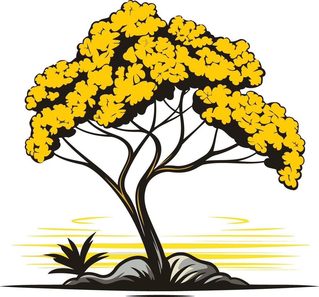 A stylized illustration of a tree with yellow leaves and a winding trunk, set against a sunset backdrop vector