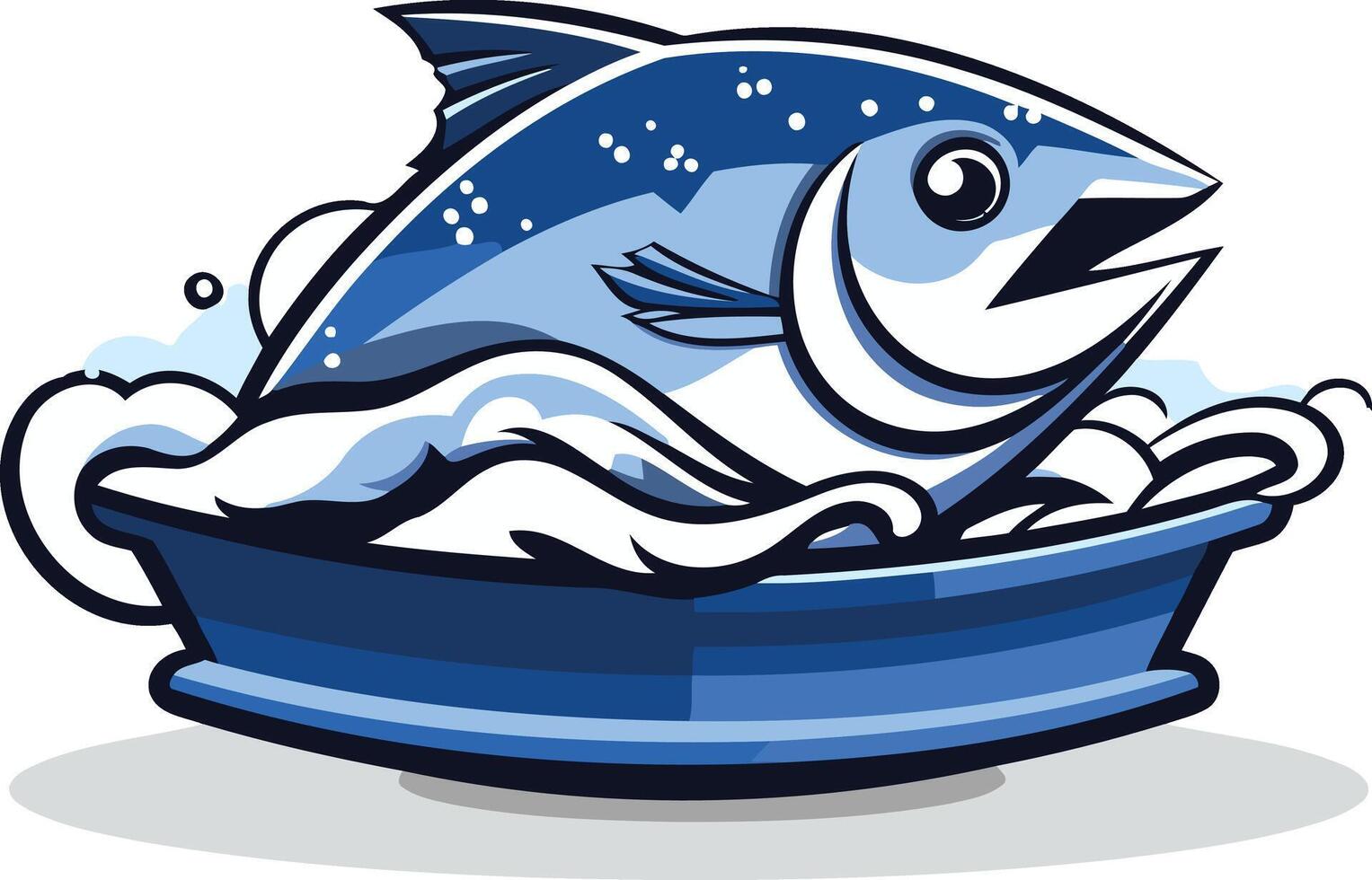 A playful and vibrant illustration of a cartoon tuna leaping out of a blue bowl vector