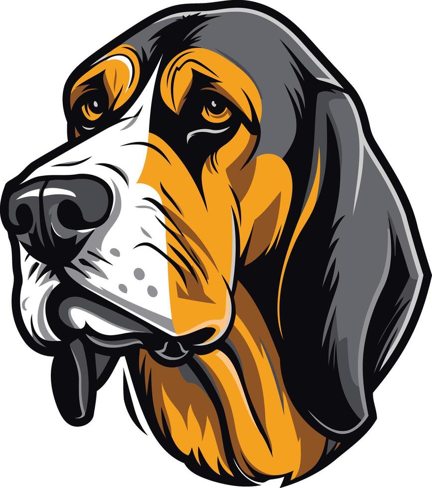 A bold and detailed illustration of a black and tan coonhound dog head, perfect for pet lovers, dog breed enthusiasts, and animal-themed designs vector