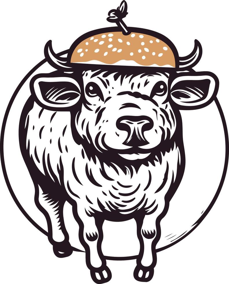 A quirky and playful illustration of a cow wearing a hamburger bun as a hat vector