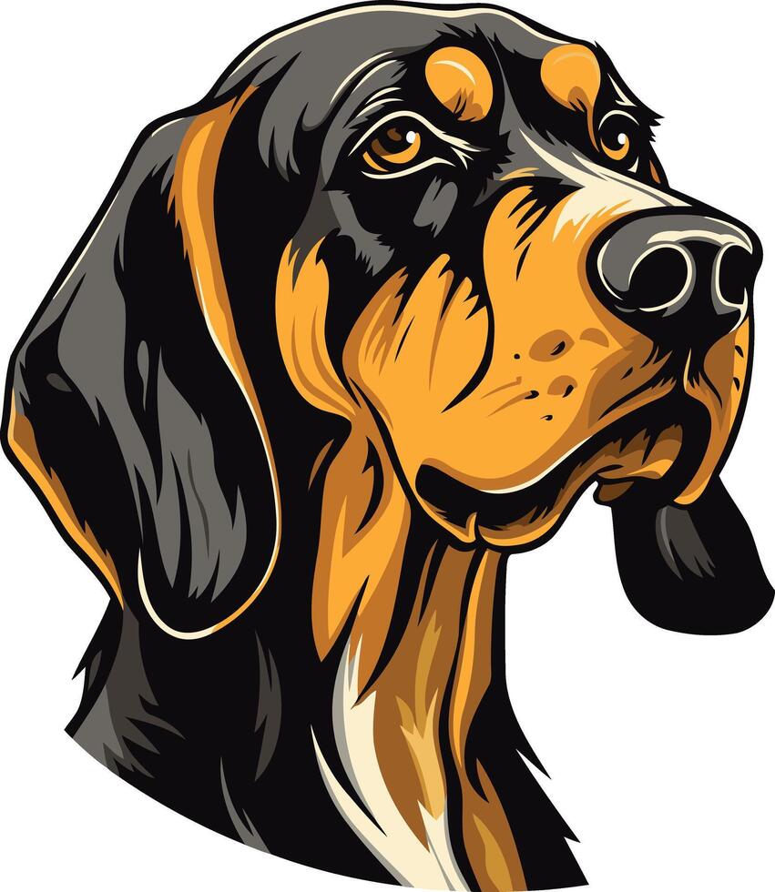 A detailed and expressive portrait of a black and tan coonhound, perfect for pet lovers, hunters, and dog breed enthusiasts vector