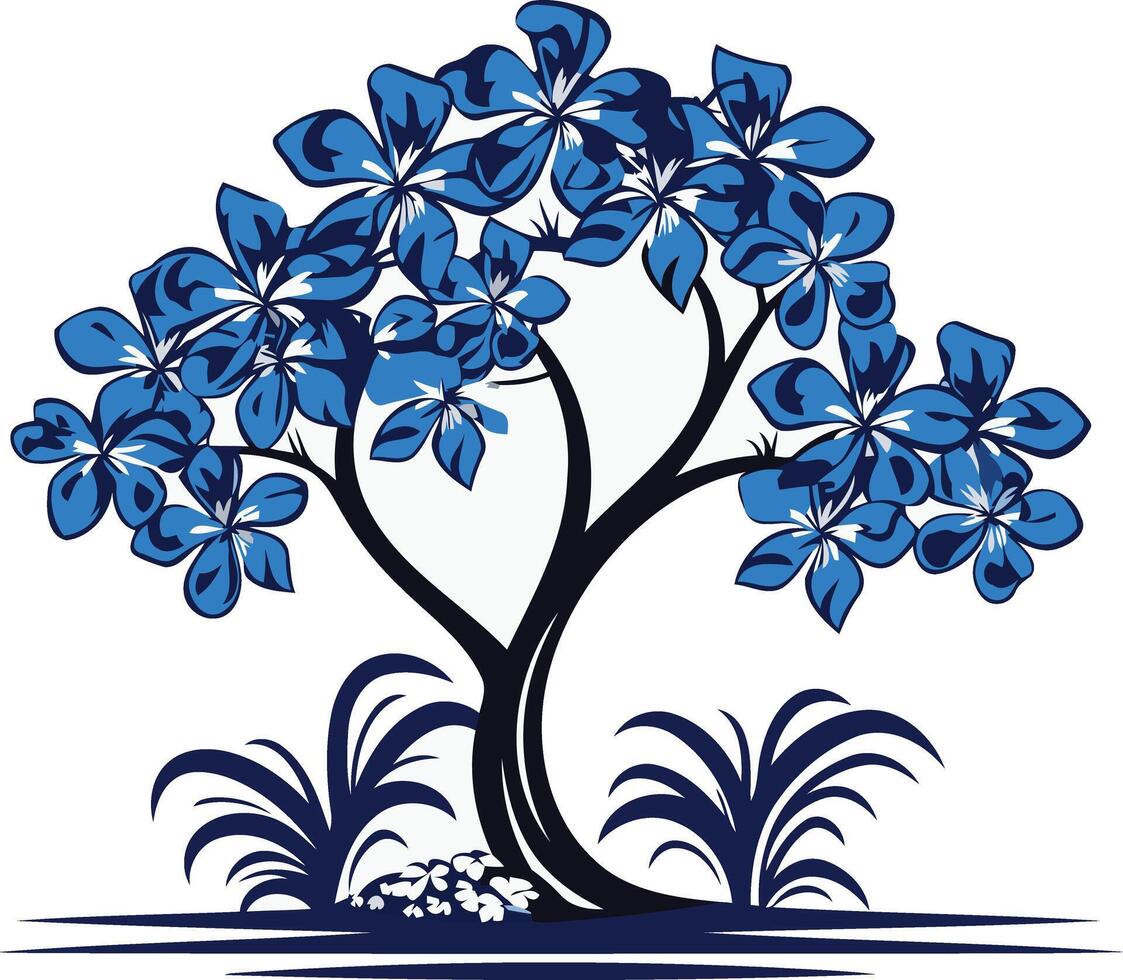 Elegant blue tree with flowers and grass, perfect for nature-inspired designs, branding, and websites vector