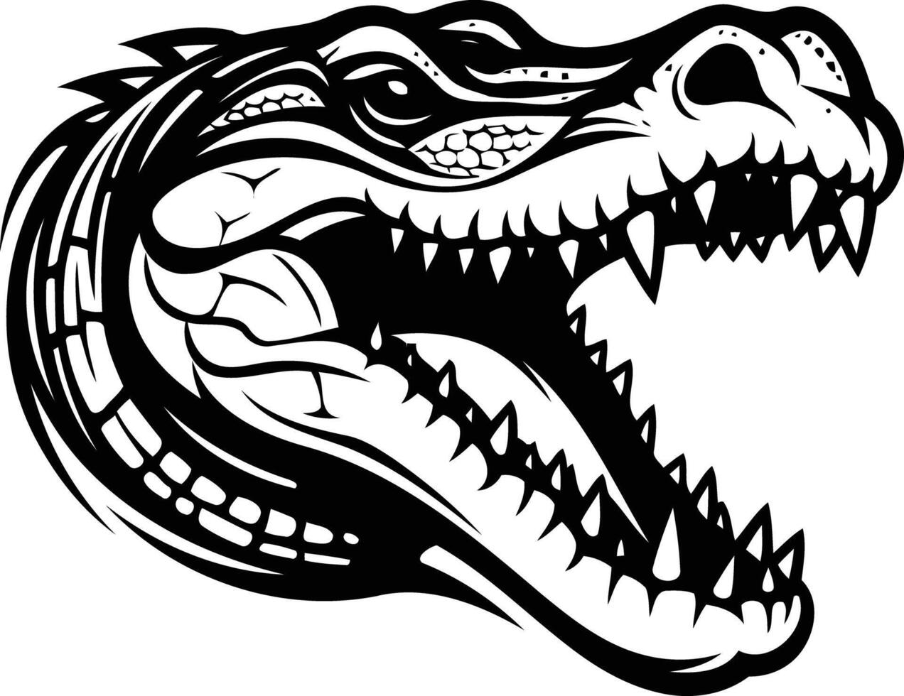 A fierce and detailed black and white illustration of a crocodile's head with its mouth open wide, showcasing sharp teeth and a powerful expression vector