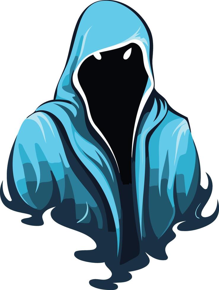 A mysterious and powerful logo featuring a hooded figure with glowing eyes vector