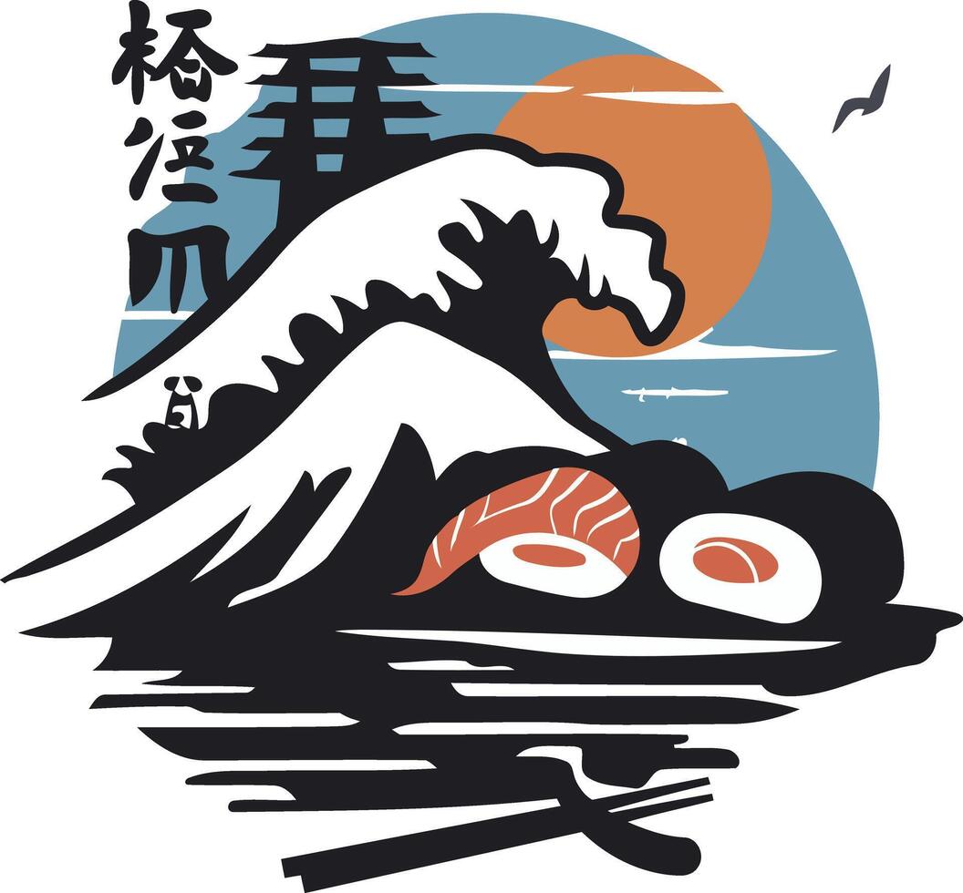 A stylized illustration of sushi served with chopsticks in front of a japanese wave and rising sun, perfect for menu design, restaurant branding, and asian-themed merchandise vector