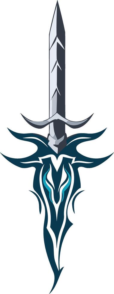 A striking, stylized sword design featuring a sharp silver blade and a dark blue tribal-inspired hilt vector
