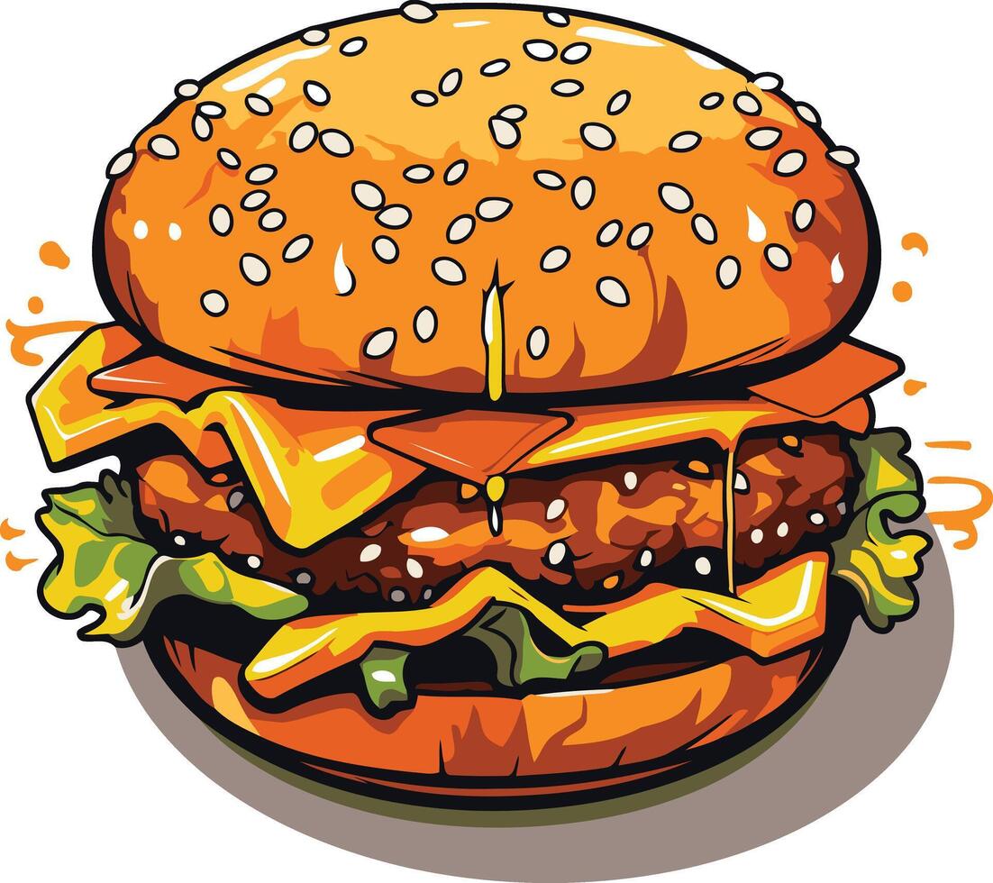 A juicy, cartoon-style hamburger with melted cheese and lettuce, perfect for fast food branding, menus, and social media vector