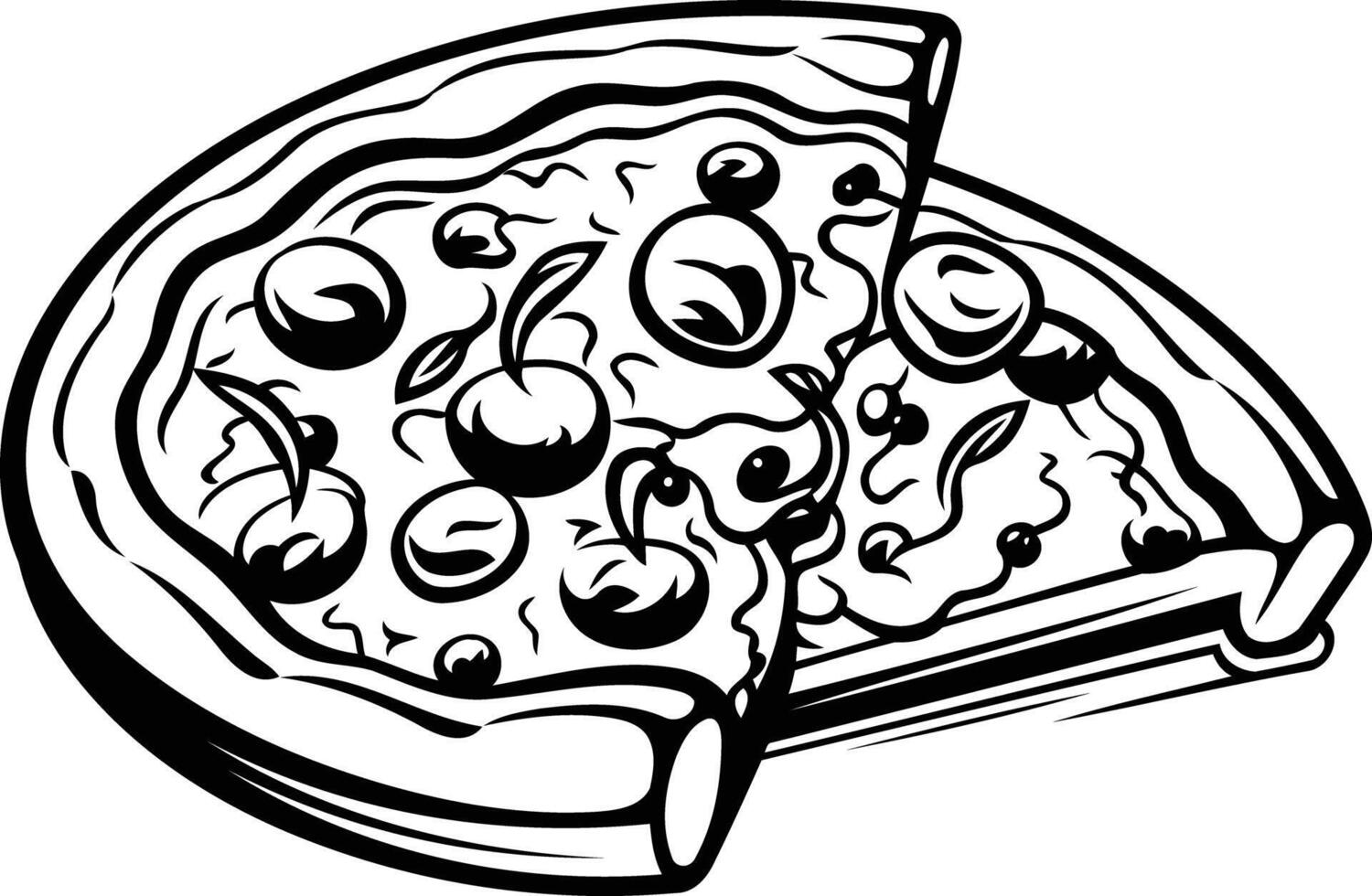 A classic black and white illustration of a delicious pizza slice, perfect for menus, websites, and social media vector