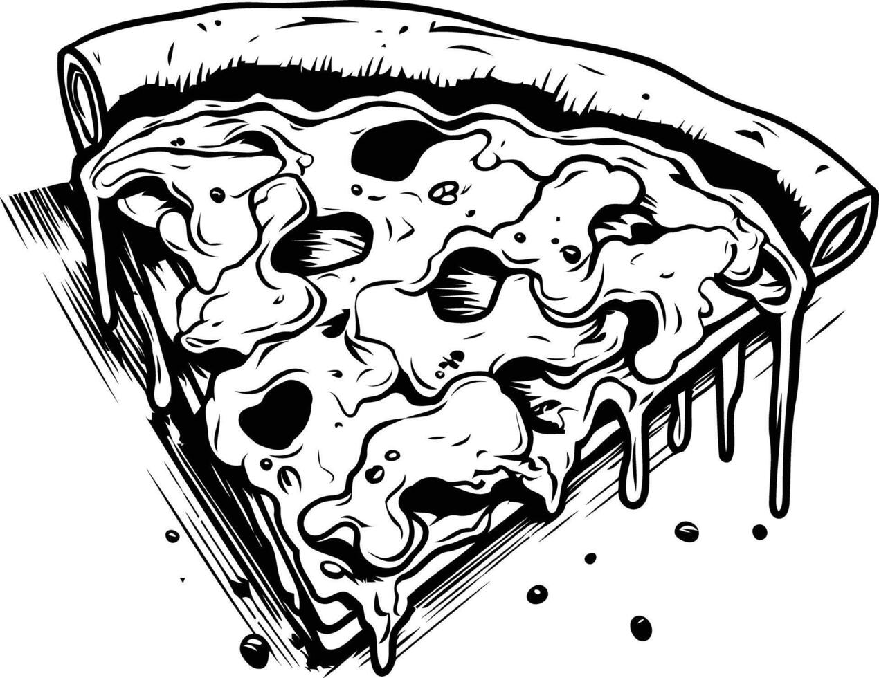 Black and white illustration of a melting pizza slice, perfect for t-shirt designs, food blogs, or any project that needs a fun, edgy touch vector
