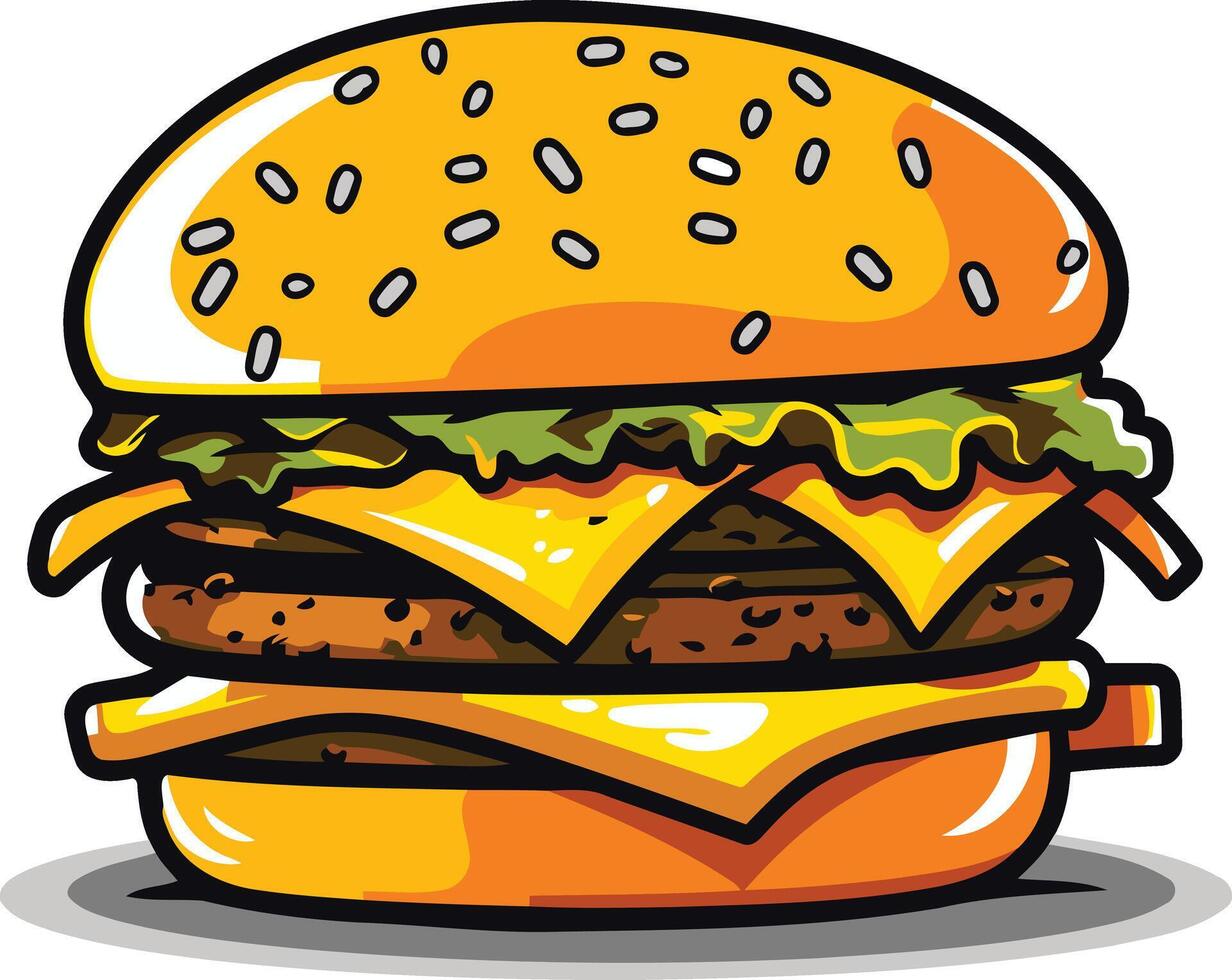 A cartoon illustration of a juicy double cheeseburger with lettuce, sesame seed bun and melted cheese vector