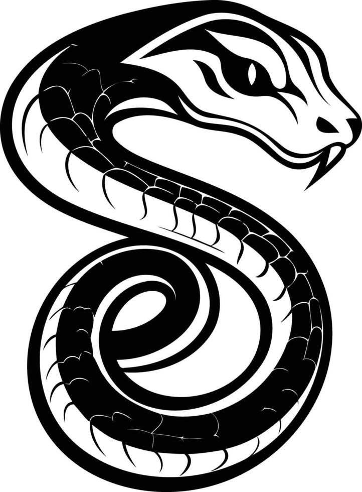 Black and white illustration of a stylized snake coiled in a striking pose, ideal for tattoos, graphic design, and apparel vector