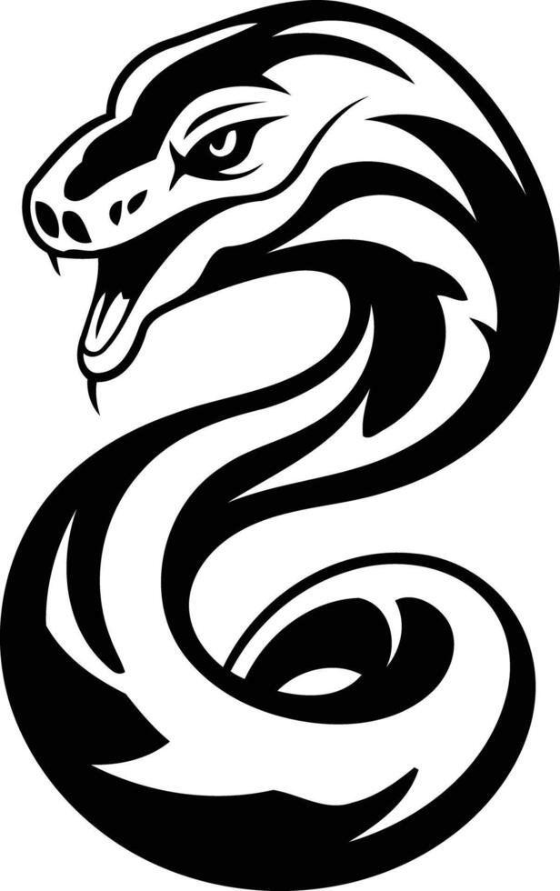 A fierce, coiled snake in a bold black and white tattoo style vector