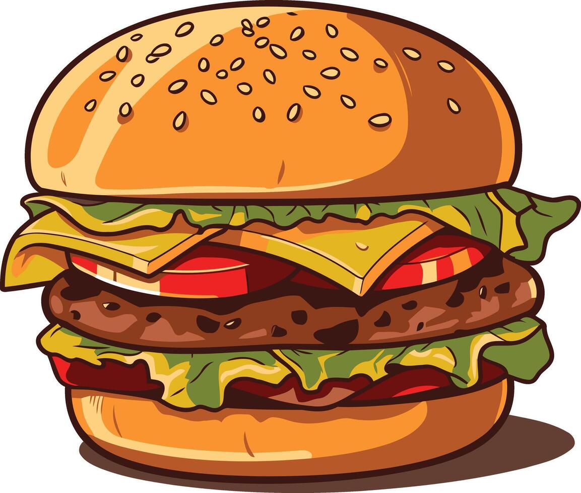 A juicy cartoon burger with all the fixings, perfect for menus, branding, and fun food-related designs vector