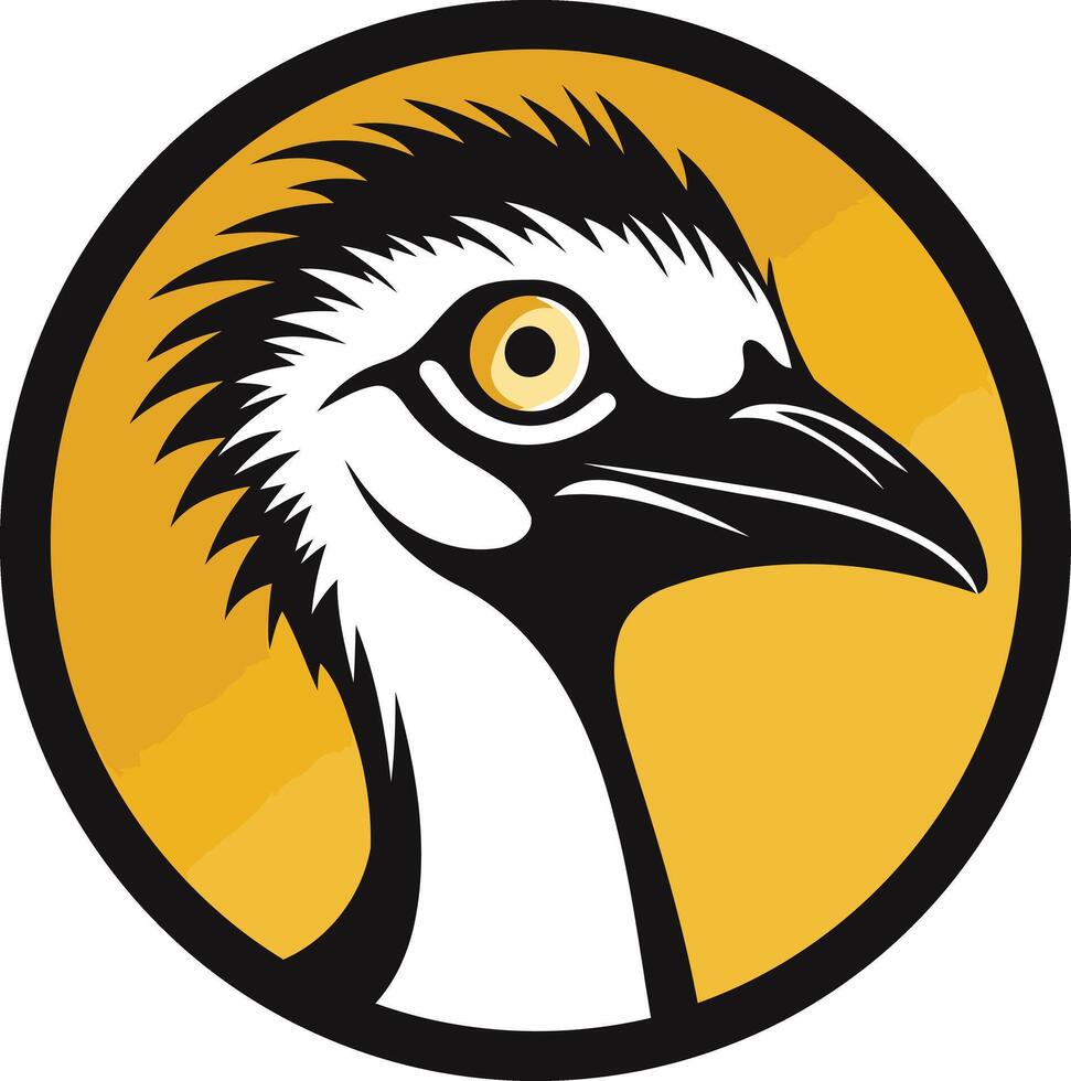 A bold and striking logo featuring a black and white emu head in a circle, set against a vibrant yellow background vector