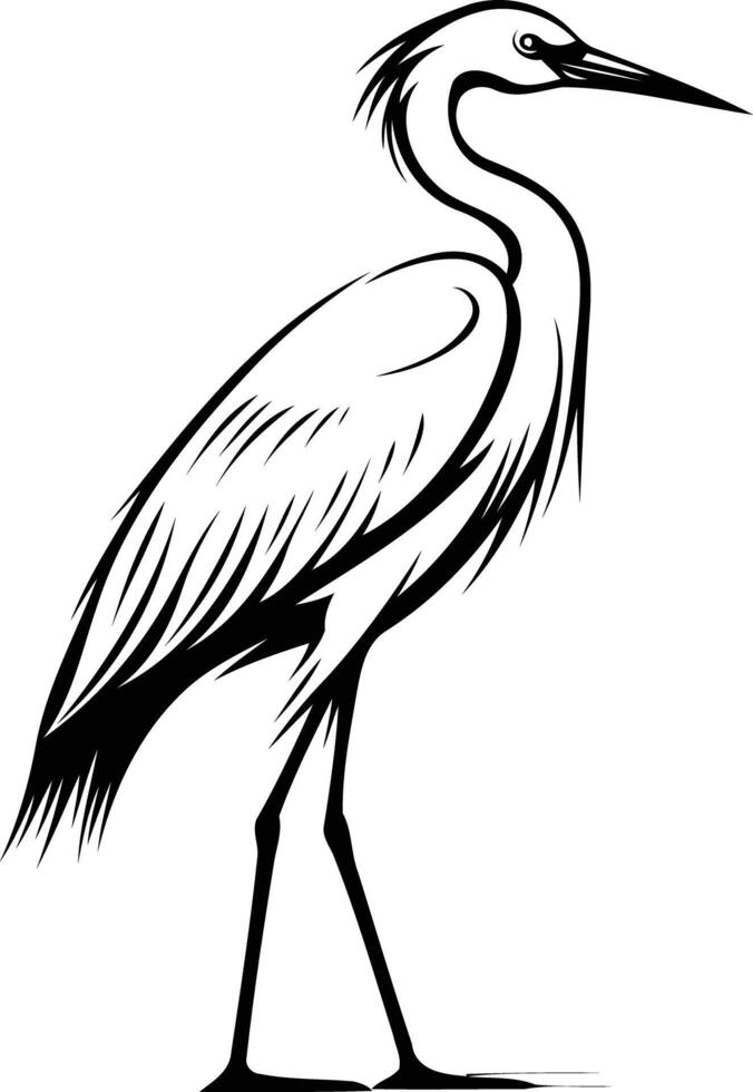 Elegant black and white illustration of a graceful heron, perfect for nature, wildlife, or bird-themed designs vector