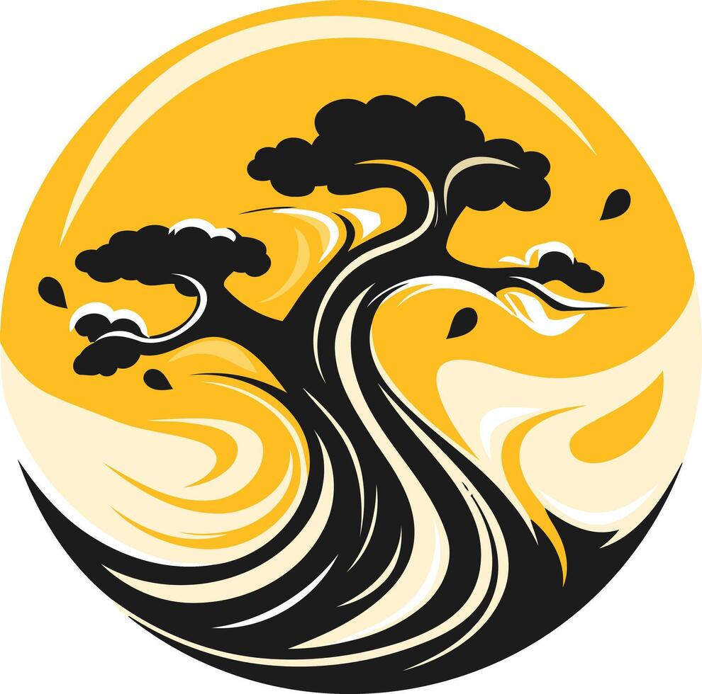 A stylized silhouette of a bonsai tree with flowing lines and leaves, creating a unique and organic design perfect for branding, logos, and nature-inspired projects vector