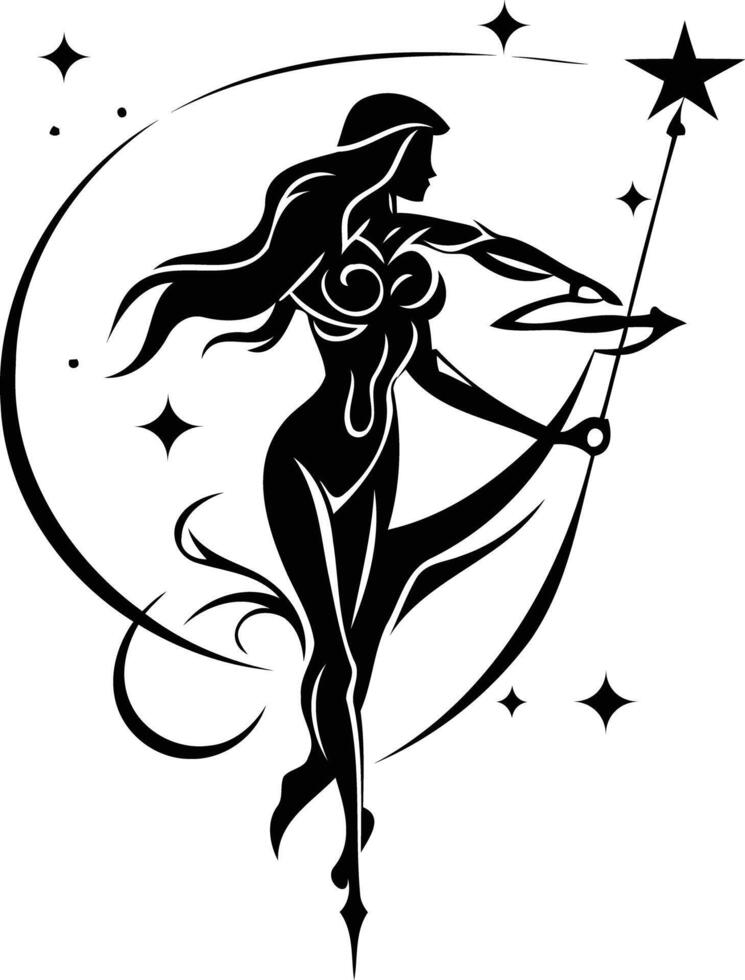 A striking silhouette of a mystical woman holding a star, perfect for tattoo design, branding, or fantasy art vector
