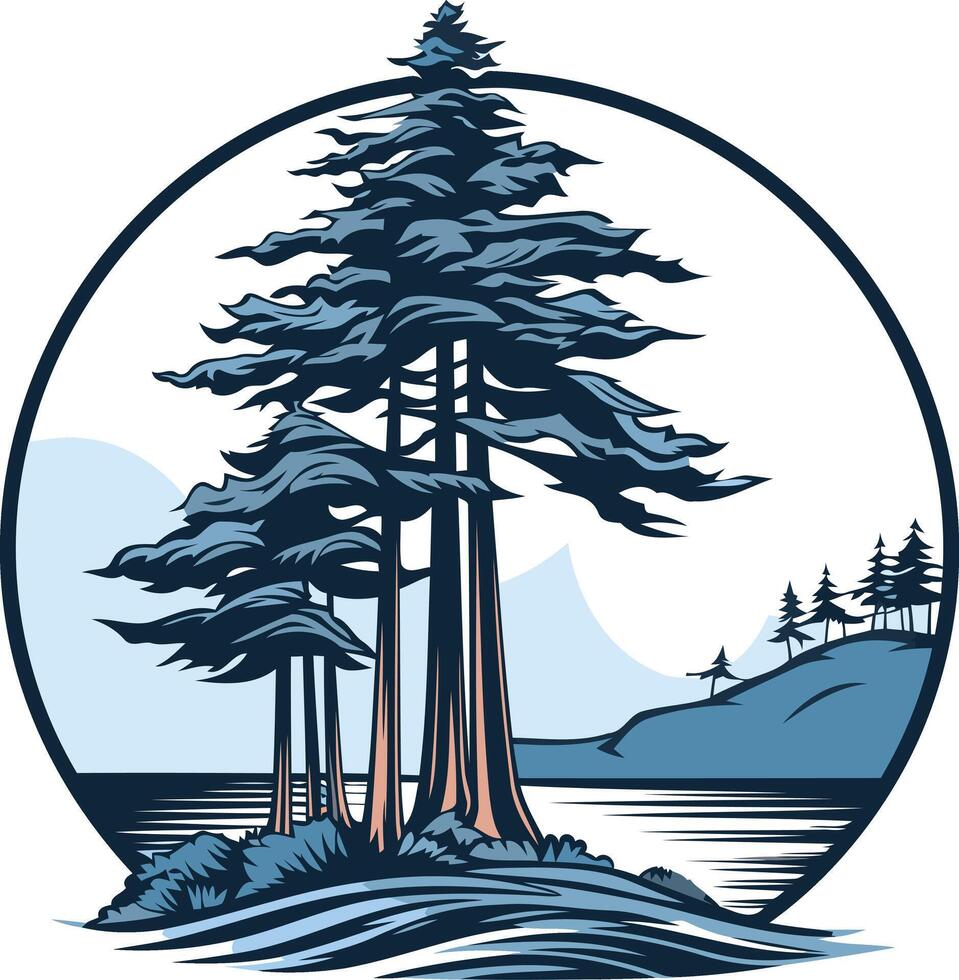 A stylized illustration of a pine forest by the water vector