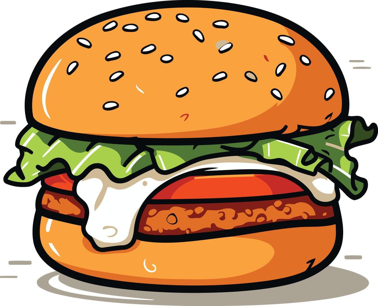 A cartoon burger with a sesame seed bun, lettuce, tomato, cheese, and a meat patty vector