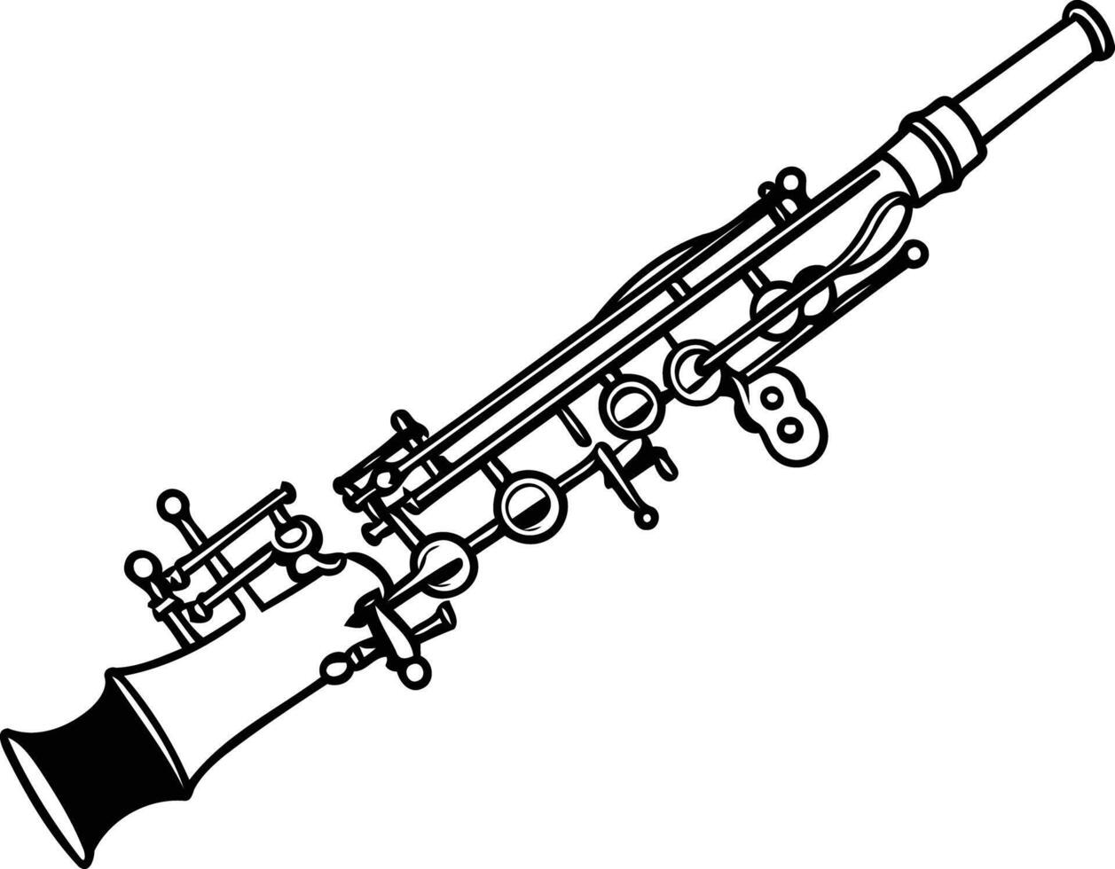 Black and white line art illustration of a clarinet, perfect for music-related projects, educational materials, or design elements vector